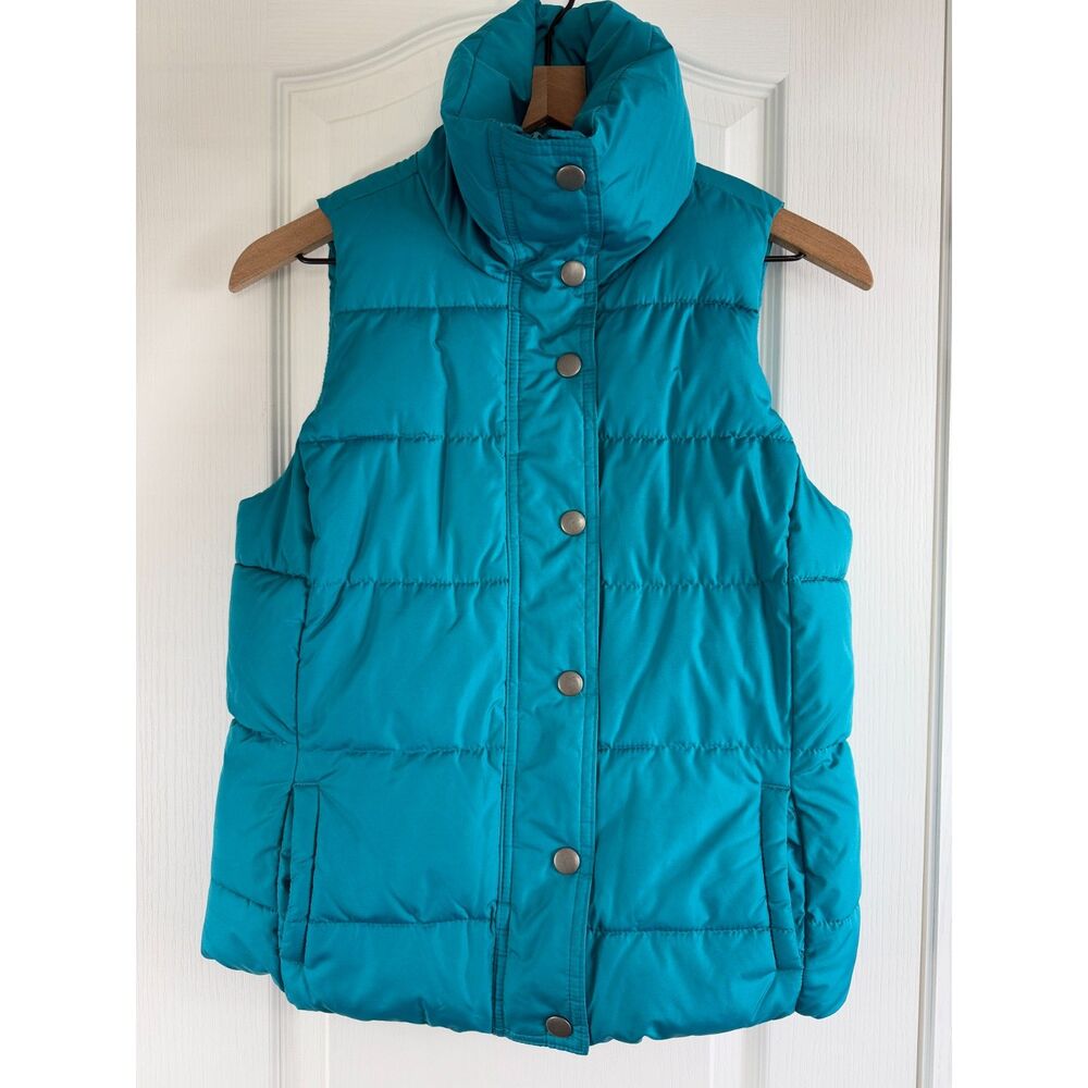 Old Navy Women's Teal Puffer Vest Full Zip Snap Fleece Lined Warm Size XS